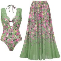 Flaxmaker 2025 Summer Swimsuit Sets Women Summer V Neck One Piece And Skirts Printed Beachwear