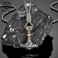 Gold Plated Norse Runes Beads Thor's Hammer Necklaces Men's Stainless Steel Mjolnir Pendant Vikings Anchor Amulet Male Jewelry