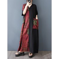 Slimming Long Cotton Linen Print V-Ne ort Sve Color Blo Bla Dr Loose Fit Maxi Dr for plus Size Women