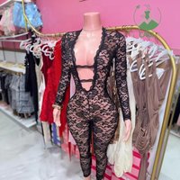 Sexy Black Lace See Through Long Sleeve Bodysuit Jumpsuit Women Clothes Night Clubwear Slim Fit One Piece Bodycon Mesh Playsuit