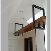 Ceiling Mounted Hanging Shelf, Solid Wood & Black Metal Frame, 60/80/100cm Floating Storage Rack for Kitchen, Bar, Dining Room