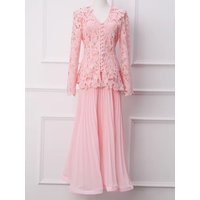 Women Burgundy Lace 2 Piece Set Long Sleeve Peplum Top Pleated Maxi Skirt Elegant Mother of Bride Wedding Guest Outfit 2026