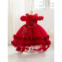 New children's dress shoulder birthday party Princess dress solid color wedding dress holiday dress three-dimensional flowers