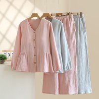 2026 New Spring and Autumn Women's Pajama Set 100% Cotton Crepe V-neck Solid Color with Chest Mat Long Sleeve Two Piece Set