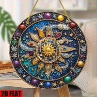 2D Flat 8X8Inch Celestial Light Catcher | Round Acrylic Window Hanging Ornament with Gemstone Stars and Sun Design, Artistic Wal