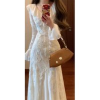 Elegant Lace Splice Long Sleeve Dress Women's High Waist Fish Tail Skirt Breathable Cotton Polyester Autumn Winter Fashion
