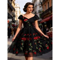 Tonval V-Neck Elegant Birthday Prom Party Summer Dress Women Floral Embroidered Pleated Mesh Overlay Vintage Dresses