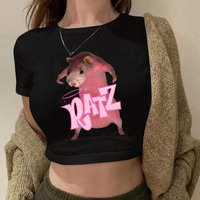 Kawaii Rat Ratz Mouse Print Crew Neck Cropped T-shirt Y2K Short Sleeve Tight Fit Crop Top Spring Summer Women's Casual Clothing