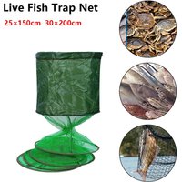 1Pcs 30x200cm Fish Cage Nylon Mesh Folding Collapsible Fish Basket Steel SUS Ring Waterproof Gluing Coating Live Fish Trap Net