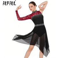 Womens Rhinestone Ballet Lyrical Dance Waltz Dress Lace High Neck Irregular Mesh Modern Contemporary Dance Performance Costume