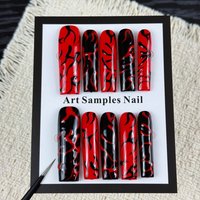 10pcs high-end Dark chick style, hand-drawn demonic punk flames, black and red color contrast design handmade fake nails