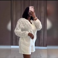 Elegant New African Fashion Women Two Piece Set Summer Lace See Through Long Sleeve Top and Shorts Set Outfits Streetwear