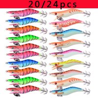 20/24pcs Fishing Wood Shrimp Luminous Squid Octopus Lures Set 2.5#12g 3.0#15g Fishing Lure Hard Bait Wobbler Squid Jig Lures Kit