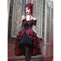 Gothic Black and Red Jacquard Off Shoulder Ruffle Pleated Dress 2025 Summer New Sweet Fresh Lolita A-line Women's Lolita Dress