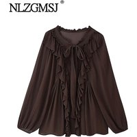 Nlzgmsj Autumn Vintage Elegant Women Blouse Brown Pullover Bow Lace-up Loose Shirts New Fashion Office Lady Blouses