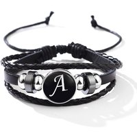 Vintage Black Letter Leather Bracelet 26 English Initials Glass Snap Buttons Bracelets For Men