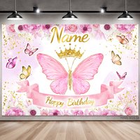 Custom Name Birthday Photo Backdrop Banner - Princess Theme Floral Butterfly Background with Glitter for Girls Party Decor