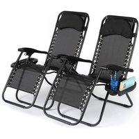 2-Piece Zero Gravity Reclining Lounge Chairs with Side Tray and Adjustable Rest - Durable Outdoor Sunbeds in Black