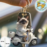 Siamese Cat on Motorcycle Pendant Keychain,Kitten 2D Flat Acrylic Ornament,Hanging Decoration for Car,Bags,Festive,Party,Gift