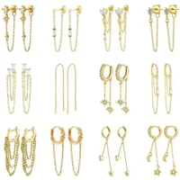 925 Sterling Silver Needle Long Tassel Chain Pendant Hoop Earrings For Women Exquisite Star White Zircon Gold Earrings Jewelry
