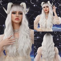 LOUIS FERRE Long Wavy Curly White Wigs For Women Black White Ombre Synthetic Wigs With Bangs Natural Water Wave Wigs Daily Use