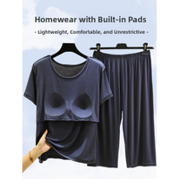 Casual Modale Thin Short Sleeve Seven-Foot Pants Air Conditioned Sleepwear Home Clothes Large Size Chest Pad Suitable for Out...