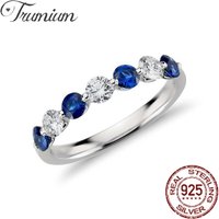 Trumium Solid 925 Sterling Silver Sparkling Blue and White Finger Ring For Women Party Fashion Stackable Fine Jewelry