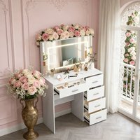 Teousev White Modern Vanity Set with Hollywood LED Bulbs Large Mirror 5 Drawers 3 Color Dimmable Easy Assembly Bedroom Dresser