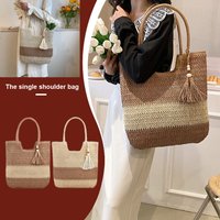 Straw Woven Bag Contrast Color with Tassels Summer Weaving Underarm Bag Large-Capacity Fashion Casual Simple for Seaside Holiday