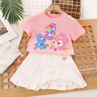 Kawaii Care Bears T-shirt Pleated Skirt Set Girls Fashion Tees Skirts Kids Summer Tops Kilt Short Sleeves Children Clothes Gift