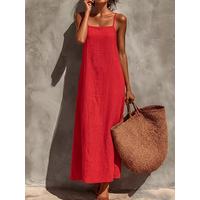 Women's Summer New French Linen Slip Dress, Retro Red Square Neck Loose Straight Long Dress, Selected Linen Textured Moisture-Wi