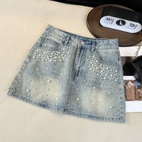 Pearl Rhinestone Denim Mini Skirt for Women Summer Fashion High Waist Slim A-line Skirts Streetwear Vintage Light Blue Skirt