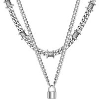 Barb Wire Choker Necklace Lock Pendant Necklace for Men Women Stainless Steel Layered Gothic Thorns Punk Chunky Chain Necklaces