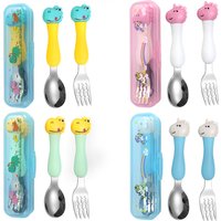 304 Stainless Steel Dinosaur Baby Children's Portable Tableware Cartoon Spoon Fork Learning Training Chopsticks Fork Spoon Set