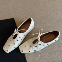 2025 New Women's Ballet Flat Shoes Mary Janes Lace-Up Flats French Style Square Head Low Heel Spring Autumn Season PU Leather