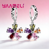 925 Sterling Silver Jewelry Shining Colorful CZ Crystal Flower Dangle Huggie Earrings Loop Hoop Earwires Party Accessory