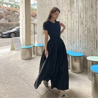 2026 New Chic Korean Style Summer Pure Color Block A-Line Long Dress Slimming Waist Cinched Hebe Short Sleeve Casual Dress