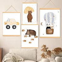 Boho Cartoon Farm Car Posters Print Fox Bear Panda Balloon Mouse Flower Boar Wood Hanging Scroll Painting Baby Kids Room Decor