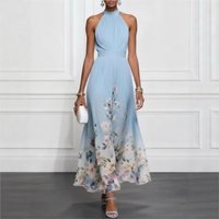 Vintage Elegant Floral Print Dress Sleeveless Off Shoulder High Waisted Halter Neck Long Dresses Summer Evening Party Maxi Dress