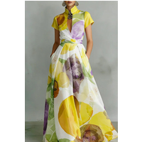 Women Watercolor Floral Print Maxi Dress Stand Collar Short Sleeve High Waist Elegant Wedding Guest Holiday Party Long Vestidos