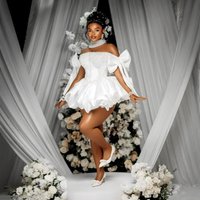 Luxury Satin Mini Dress for Women Off-the-Shoulder Beaded Pearls & 3D Bow Detail Puffy Bubble Hem Bridal Shower Cocktail Dress