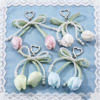 1PC Elegant Exquisite Bow Pearl Simulation Tulip Fabric Keychain Sweet Personalized Style Handbag Car Key Pendant