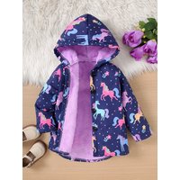 Autumn/Winter Fleece Warm And Cold Proof Girls' Colorful Printed Hooded Jacket For Casual Outings Medium To Long Length Jacket