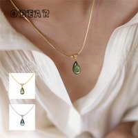 French Clear Green Blue Water Drop Pendant Snake Bone Chain Necklace for Women Stainless Steel Plated 18K Gold Jewelry