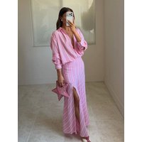 HH 2026 Woman New Fashion Stripes Pink Lapel Single Breasted Long Sleeves Shirt+Zipper Splicing Pleated Long Skirt 2 Piece Set