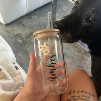 Personalized Name Birth Flower Glass Cup with Bamboo Lid Straw Birthday Gifts Wedding Bachelorette Party Bridal Shower Decorate