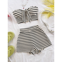 Women's Elegant 2-Piece Fashion Striped Set with Butterfly Detail Top and High-Waisted Shorts, Perfect for Holiday, Date, Aftern