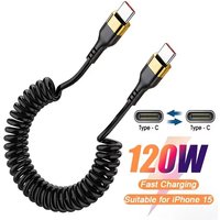 USB Type C PD 120W Car 5A Fast Charging Type C to Type C Spring Telescopic Data Cable For iPhone 15 16 Huawei Xiaomi Redmi OPPO
