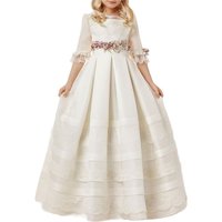 White Simple First Communion Flower Girl Dress Lace Half Sleeves Toddler Birthday Party Princess Beauty Pageant Prom Ball Gowns