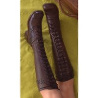 Brown Lace Up Knee High Boots Chunky Heel Round Toe Fashionable Sexy Cool 2025 Summer Big Size Woman Shoes Zapatillas Mujer